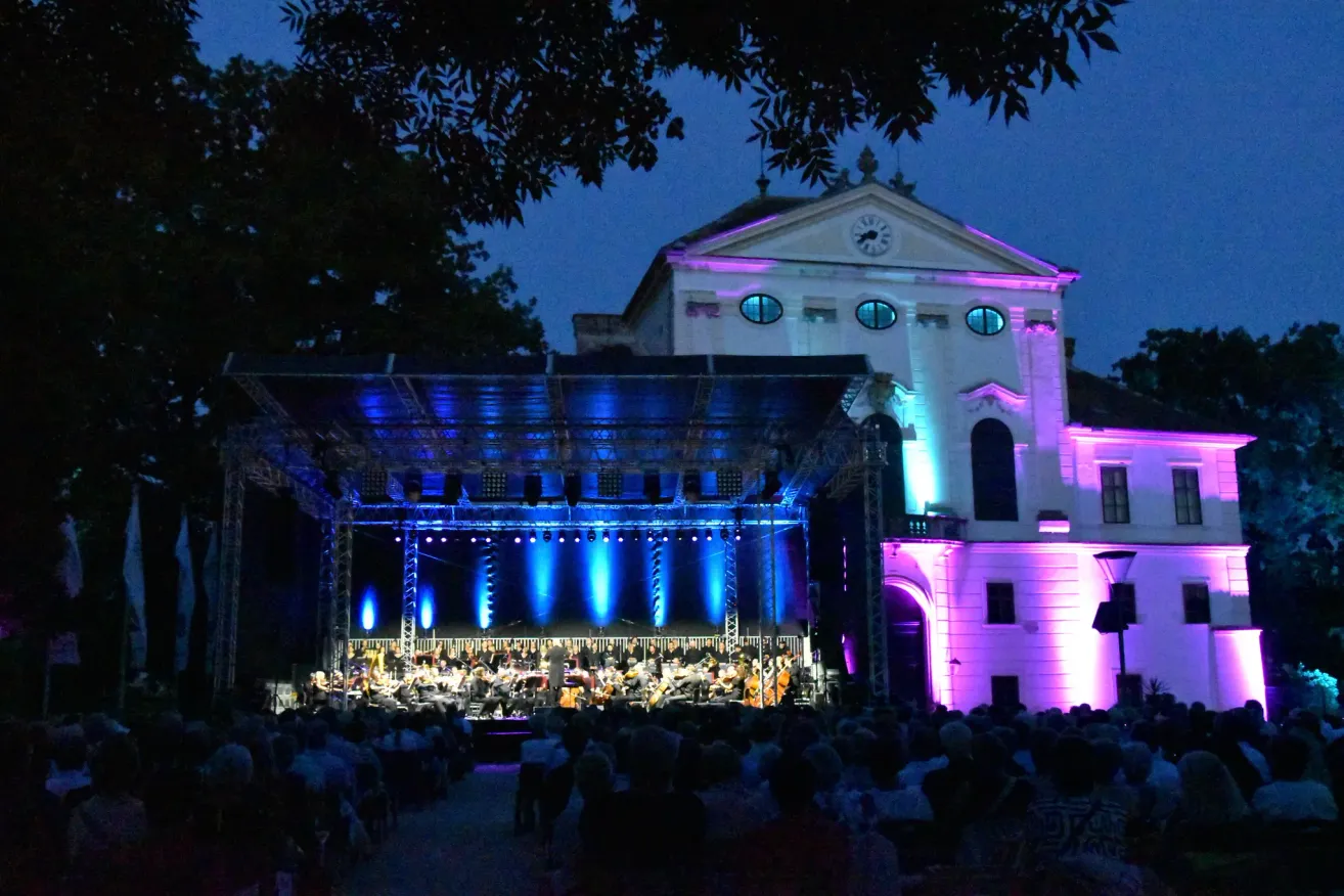 Ein Orchester spielt bei Nacht auf einer Bühne, beleuchtet von blauen und lila Lichtern, vor einem klassischen Gebäude.