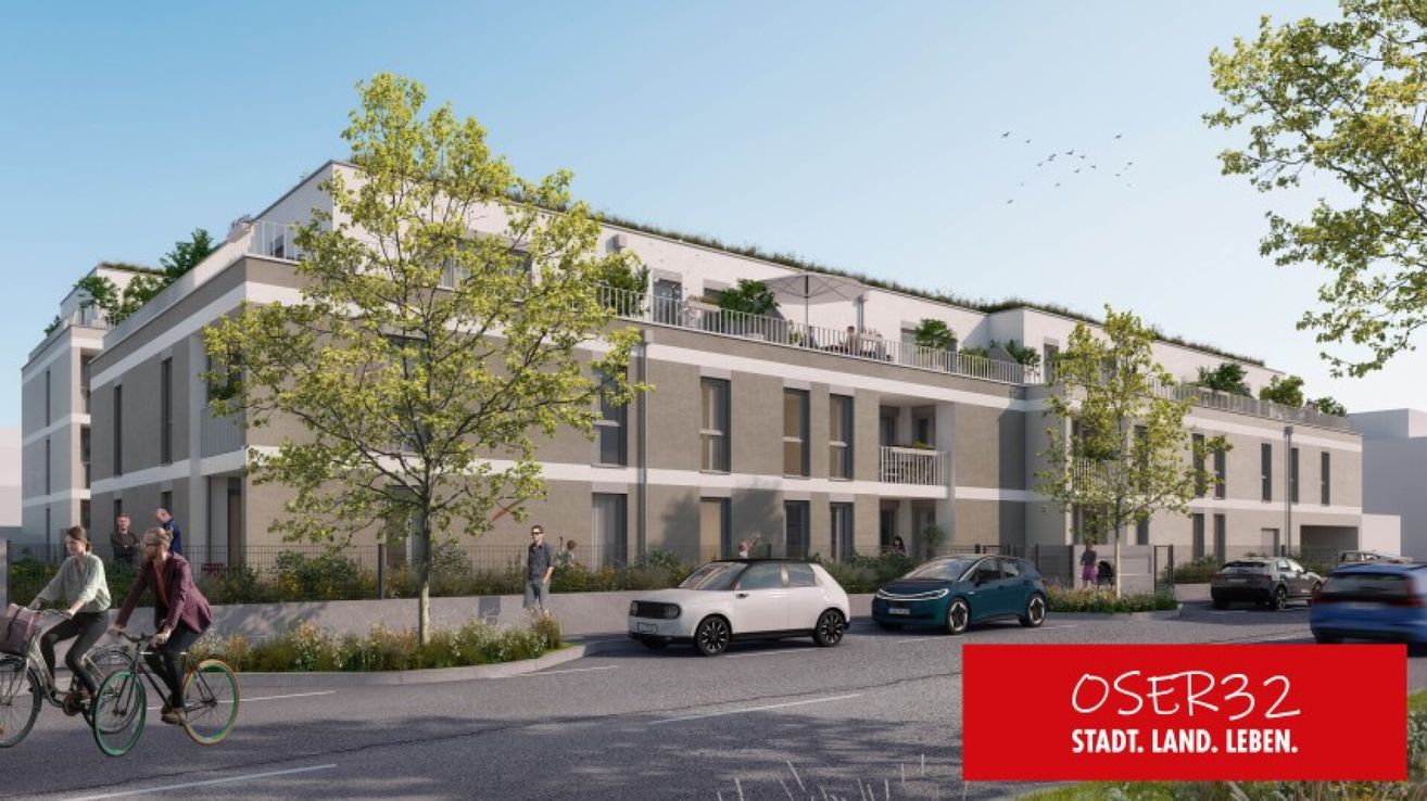 Eine künstlerische Darstellung eines modernen Apartmentkomplexes mit zwei geparkten Autos davor und Menschen, die an einem sonnigen Tag herumlaufen.