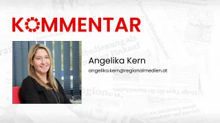 Ein Bild zeigt eine Frau, Angelika Kern, mit ihrer E-Mail-Adresse. Das Wort 'COMMENTAR' ist prominent in Rot angezeigt.