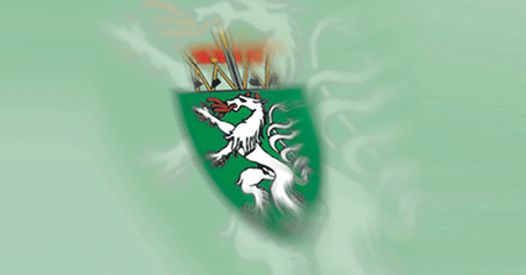 A green shield with a white horse on it, surrounded by red flames. The horse has a red beak and red flames coming out of its mouth.