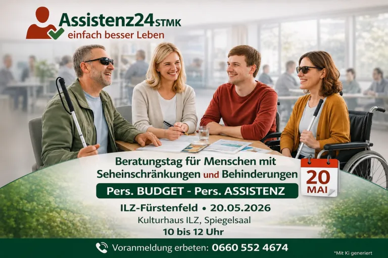 Ein Werbeplakat für einen Beratungstag für Menschen mit Sehbehinderungen und Behinderungen. Das Event findet am 20.05.2026 in IL-Fürstenfeld, Spiegelsaal von 10 bis 12 Uhr statt. Anmeldung erwünscht.