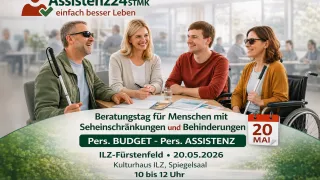 Ein Werbeplakat für einen Beratungstag für Menschen mit Sehbehinderungen und Behinderungen. Das Event findet am 20.05.2026 in IL-Fürstenfeld, Spiegelsaal von 10 bis 12 Uhr statt. Anmeldung erwünscht.