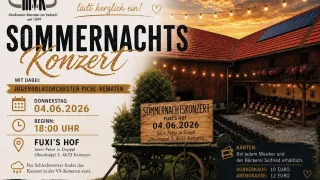 Plakat für ein Sommernachtskonzert des Musikvereins Kematen. Es zeigt einen Holzwagen mit einem Schild, das 'SOMMERNACHTSKONZERT' und 'FUXI'S HOF' anzeigt. Die Veranstaltung findet am 4. Juni 2026 um 20 Uhr bei Peter in Doppel statt. Tickets sind bei der örtlichen Bäckerei erhältlich.