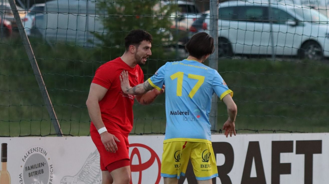 Zwei Fußballspieler in Trikots, einer in Rot und der andere in Blau, unterhalten sich in der Nähe eines Tornetzes. Das blaue Trikot hat die Nummer 17. Sie befinden sich auf einem Feld mit einer Toyota-Werbung.
