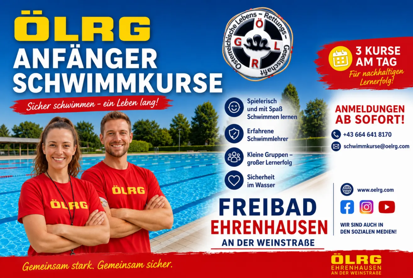 Advertisement for swimming courses by ÖLRG featuring two smiling adults in red shirts, a swimming pool, and icons for experienced instructors, small groups, and safety.