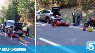 Emergency personnel at a motorcycle accident. A red motorcycle lies on the road, with a warning triangle and cones nearby.