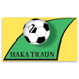 Ein Fußball befindet sich in der Mitte eines grünen Dreiecks auf gelbem Hintergrund, mit dem Namen Haka Traun darunter.