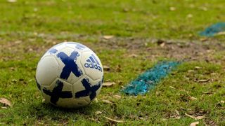 Ein weißer Fußball mit blauer Adidas-Markierung und blauen X-Markierungen liegt auf einem Grasfeld mit verstreuten Blättern und einem blauen Farbstrich.