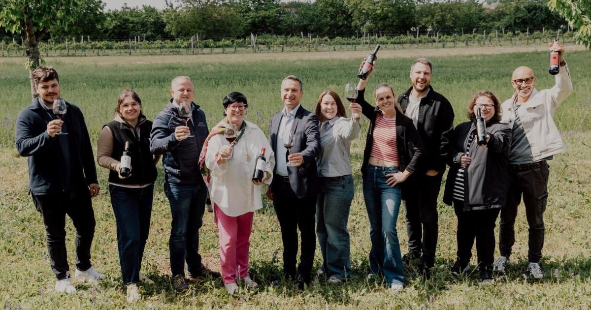 A group of people stand in a vineyard, holding wine glasses and bottles. They seem to be posing for a photo.