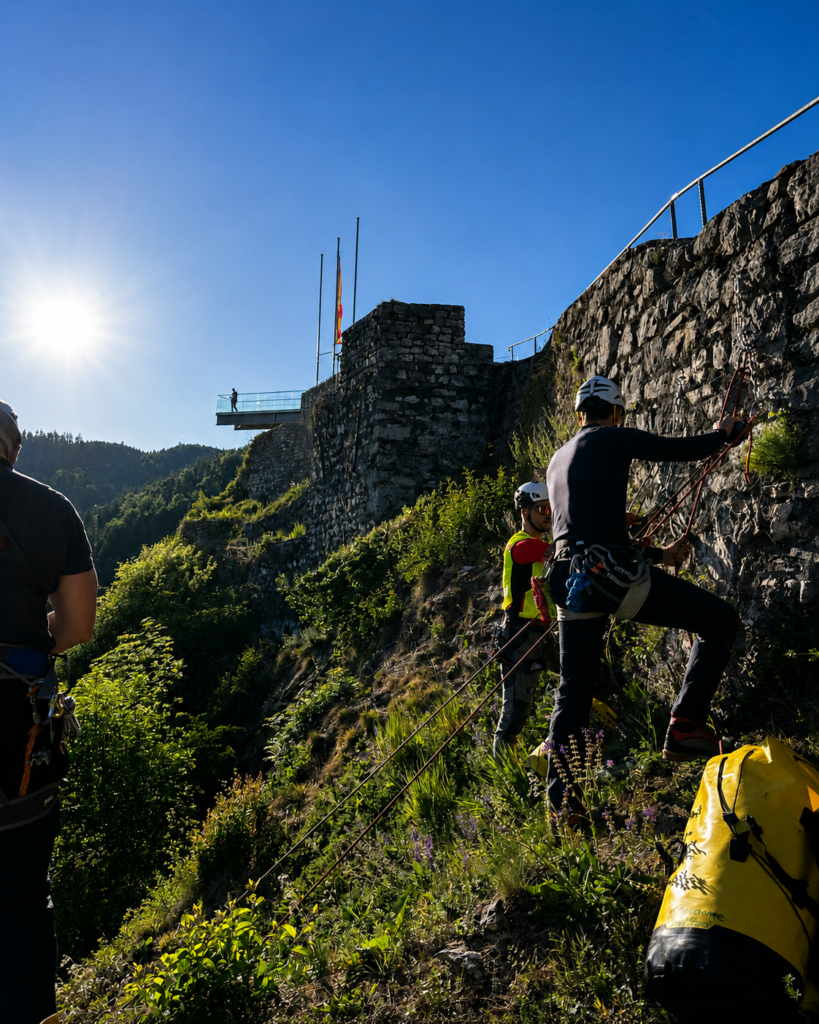 Drei Personen klettern an einer steilen Wand und tragen Helme und Gurte. Eine Person steht am Boden und beobachtet.
