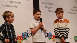 Drei Jungen stehen vor einem Hintergrund mit deutschem Text und Wappensymbolen. Der Junge in der Mitte hält ein Mikrofon.