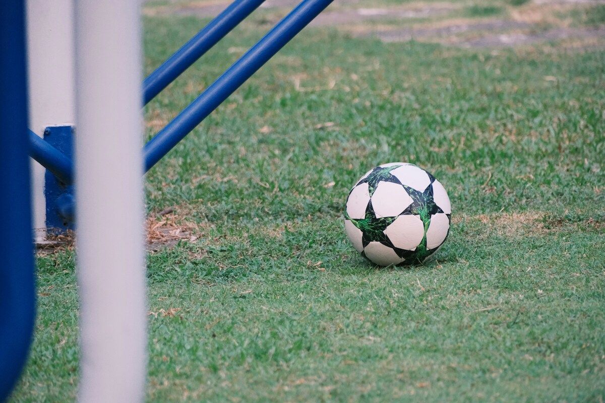 A soccer ball with green and black stars rests on a well-maintained grass field near blue goalpost bars.