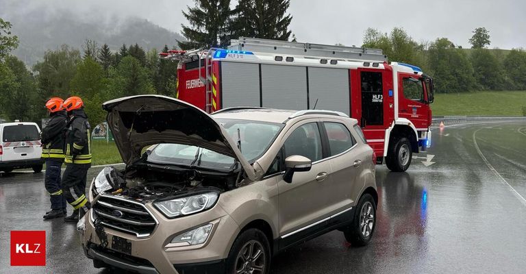Ein beigefarbener Ford Ecosport mit geöffneter Motorhaube steht neben einem roten Feuerwehrauto mit ausgefahrener Leiter. Die Szenerie ist vor dem Hintergrund grüner Bäume und eines Berges.