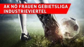 A foot in a soccer cleat kicks the ball on a grassy field. The image is blurred. The text 'FRAUEN GEBIETSLIGA TRIEVIERTEL' is written in red on a white background.