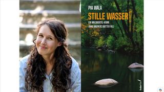 A smiling woman with long curly hair is standing next to a book cover. The cover has a title 'Stille Wasser' with a river scene.