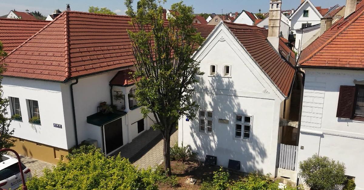 Eine Ansicht von oben auf ein Wohngebiet mit Häusern, einem kleinen Baum in der Mitte und einem gepflasterten Weg. Die Häuser haben braune Dächer und weiße Wände.