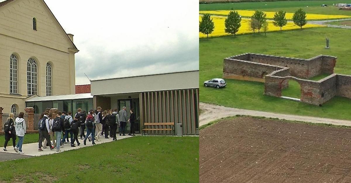 A group of people are entering a modern building. Nearby, a small car is parked beside a grassy area with a yellow field.
