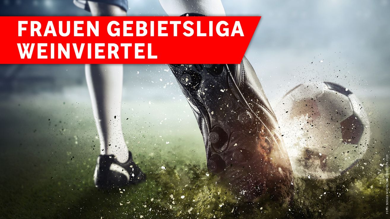 A soccer player's foot is shown in a close-up, kicking a ball with dirt flying around. The red text reads 'In Gebietsliga Viertel'.