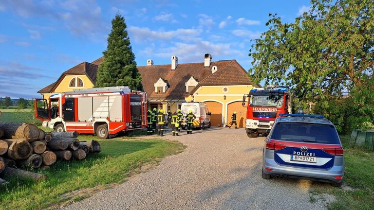Feuerwehrleute in gelben Uniformen stehen vor einem Haus. Zwei Feuerwehrwagen und ein Krankenwagen sind geparkt. Bäume und Gras sind in der Nähe. Ein Auto ist auf der rechten Seite geparkt.