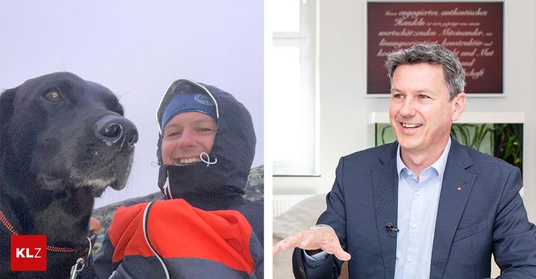 Ein Mann in einer Wanderjacke posiert mit einer Kuh, während ein Mann in Anzug in ein Mikrofon spricht.