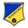Das USV Halbturn Logo, auf gelbem und blauem Hintergrund dargestellt, zeigt einen Volleyball in der Mitte.