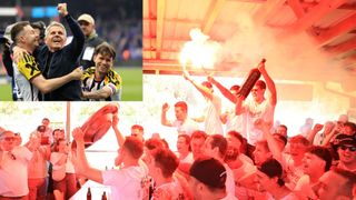 Feierliche Szene bei einem Fußballspiel. Ein Spieler lächelt, während andere mit Fackeln und einem Pokal feiern.