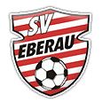 Ein Fußballlogo mit dem Text SV Eberau auf einem rot-weiß gestreiften Schild. Das Logo zeigt einen Fußball im Zentrum mit einem weißen Umriss.