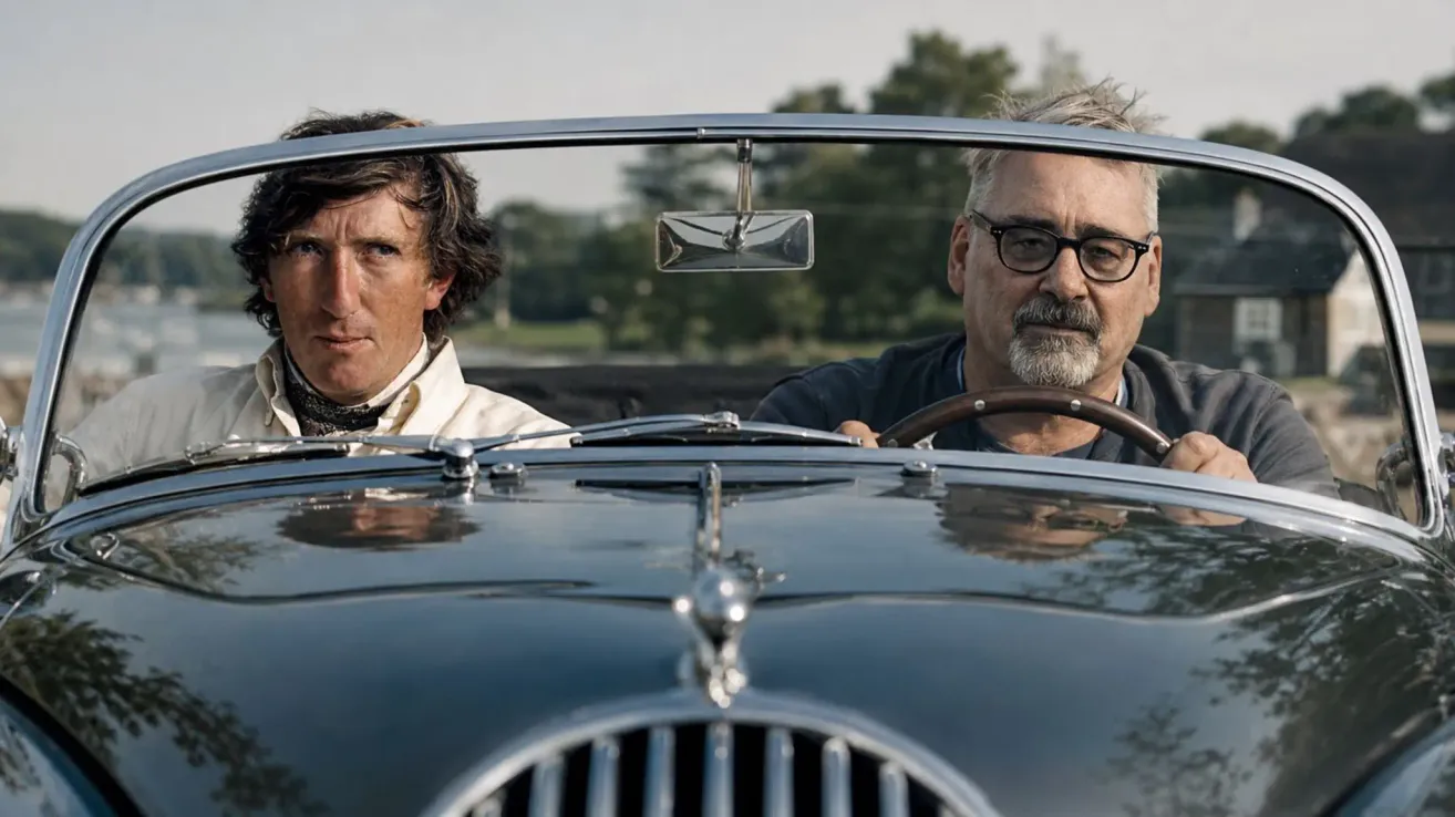 Zwei Männer fahren ein Oldtimer-Auto mit Bäumen im Hintergrund. Ein Mann trägt eine Brille und der andere ein weißes Hemd.