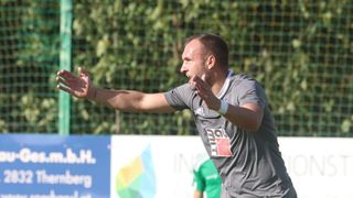 Ein Mann in einem grauen Adidas-Shirt gestikuliert auf einem Fußballfeld.