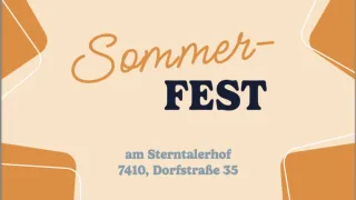 Plakat für das Sterntalerhof Sommerfest, geplant für den 30. Mai 2026, von 14 Uhr bis 18 Uhr in der Dorfstrasse 35, 7410.