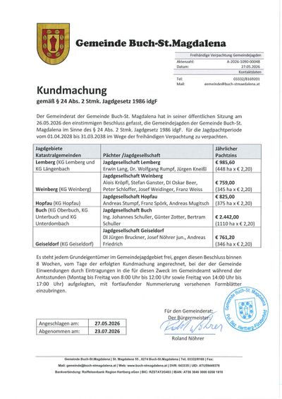 Der Gemeinderat der Gemeinde Buch-St. Magdalena hat in seiner öffentlichen Sitzung am 26.05.2026 den einstimmigen Beschluss gefasst, die Gemeindejagdhunde der Gemeinde Buch-St. Magdalena im Sinne des § 24 Abs. 2 Stmk. Jagdgesetz 1986 idgF. für die Jagdpachtperiode vom 01.04.2028 bis 31.03.2038 im Wege der freien Verpacktung zu verpachten.