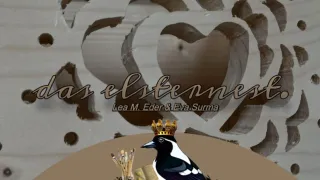 An image with a heart shape on top, featuring a bird wearing a crown, sitting in a nest with brushes and a book. Names Lea M. Eder and Eva.Suma are at the bottom.