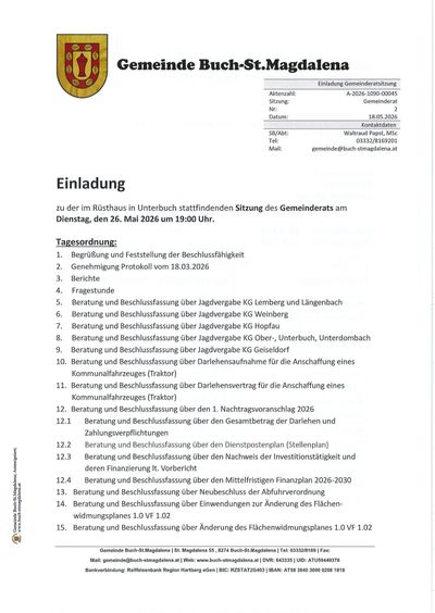 Einladung zur Sitzung des Gemeinderats am 26. Mai 2026 um 19:00 Uhr im Rathaus Unterbuch. Tagesordnung umfasst die Prüfung und Festlegung der Beschlussfähigkeit, Genehmigung des Protokolls vom 18.03.2026, Berichte und Beschlüsse zu verschiedenen Themen wie Jagdvergaben und Investitionen.