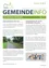 Ein Bild eines Dokuments mit dem Titel 'Gemeinde Info' mit Abschnitten über Kindergartenbau und Förderung privater Mittelschulen. Ein Bild einer leeren Straße mit Grünflächen zeigt Zugangseinschränkungen an.