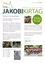 Jährliche Jakobikirtagankündigung mit Datum: 20. Juli. Einladung an Einheimische und Besucher zum Fest. Erwähnt verschiedene Aktivitäten, Essen und Musik. Beinhaltet ein Bild des Veranstaltungsortes. Enthält auch ein Bild des Bürgermeisters.