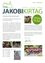 Jährliche Jakobikirtagankündigung mit Datum: 20. Juli. Einladung an Einheimische und Besucher zum Fest. Erwähnt verschiedene Aktivitäten, Essen und Musik. Beinhaltet ein Bild des Veranstaltungsortes. Enthält auch ein Bild des Bürgermeisters.
