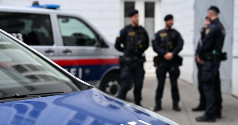 Zwei Polizisten stehen in der Nähe eines blauen Polizeiwagens mit dem Wort 'POLIZEI' auf der Motorhaube, mit einem weißen Van im Hintergrund.