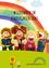 Fünf Puppen stehen vor einem farbenfrohen Regenbogen und halten ein Mikrofon. Die Worte 'Willkommen im Kindergarten Thal!' sind oben zu sehen.