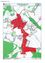 Eine Karte mit verschiedenen rot markierten Gebieten und einigen grünen und gelben Flecken. Es scheint eine detaillierte Karte einer Region mit mehreren nummerierten Orten zu sein.