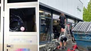 Zwei Bilder zeigen ein zerbrochenes Fenster mit einem Rauchverbotsschild und eine Person, die eine Leiter in der Nähe eines Gebäudes erklimmt.