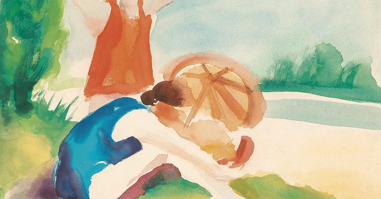 Eine Aquarellmalerei von zwei Personen am Strand. Eine Person liegt, die andere steht mit einem Regenschirm.