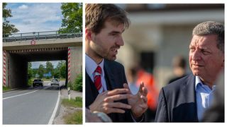 Ein Mann in Anzug und Krawatte gestikuliert und spricht, mit einer verschwommenen Figur im Hintergrund. In einem anderen Teil fährt ein Auto unter einer Brücke mit einem Verkehrsschild auf der linken Seite.