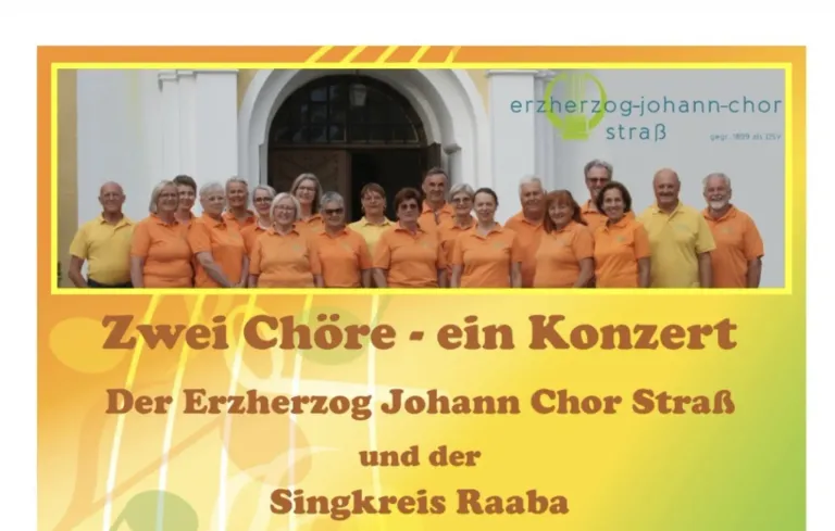 Eine Gruppe von Personen in orangefarbenen Kleidungsstücken steht vor einem Gebäude mit dem Logo Erzherzog-Johann. Sie nehmen wahrscheinlich an einer kulturellen Veranstaltung teil.