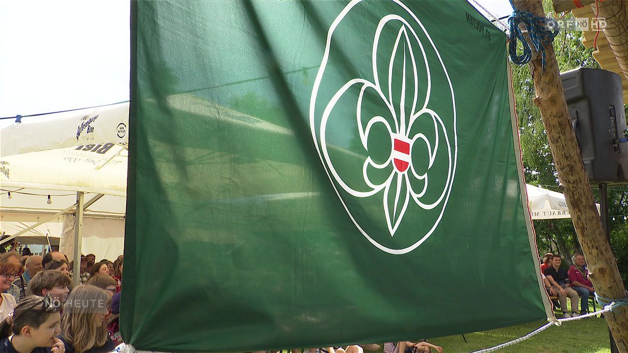 Eine grüne Flagge mit einem weißen Emblem, das einer stilisierten Lilie mit einem roten Kreuz in der Mitte ähnelt.