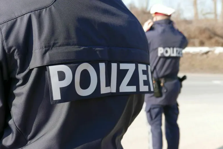 Two police officers in uniform, one with a white patch that reads POLIZEI on his back.