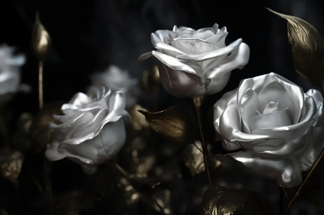 Ein Nahaufnahme von drei weißen Rosen mit metallischen Blütenblättern und goldenen Stielen vor einem dunklen Hintergrund. Der Fokus liegt auf den feinen Details der Blütenblätter.