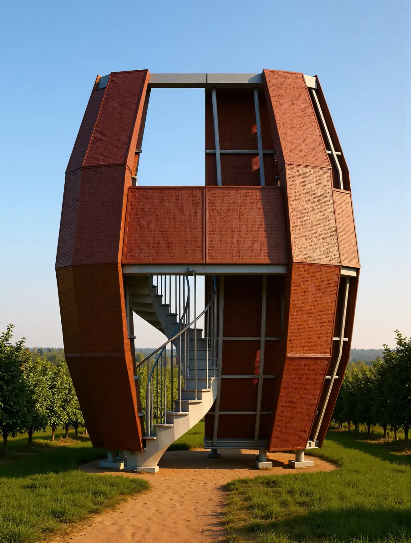 A large brown structure with a spiral staircase and an open window in the middle, surrounded by grass and trees.