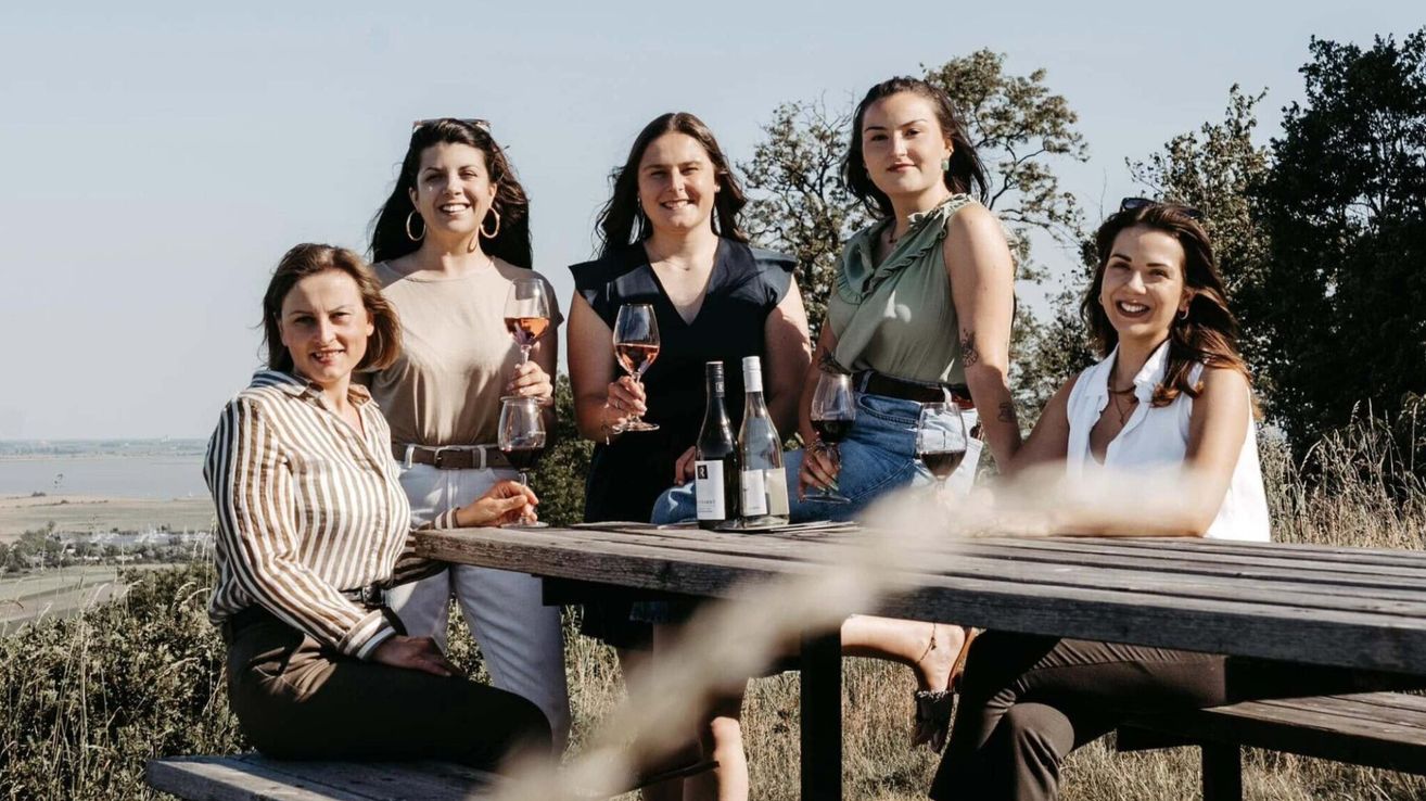 Fünf Frauen sitzen an einem Picknicktisch, lächeln und halten Weingläser in der Hand, mit Weinflaschen vor ihnen. Sie sind von einem Grasfeld umgeben.