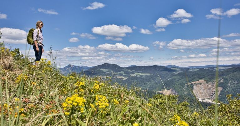Ein malerischer Blick von einem Hügel mit üppigem grünen Gras und gelben Blumen unter einem blauen Himmel mit verstreuten Wolken. In der Ferne ein Tal mit einigen Gebäuden und Bergen.