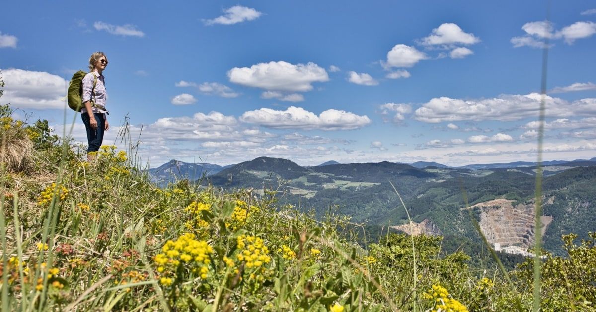 Ein malerischer Blick von einem Hügel mit üppigem grünen Gras und gelben Blumen unter einem blauen Himmel mit verstreuten Wolken. In der Ferne ein Tal mit einigen Gebäuden und Bergen.